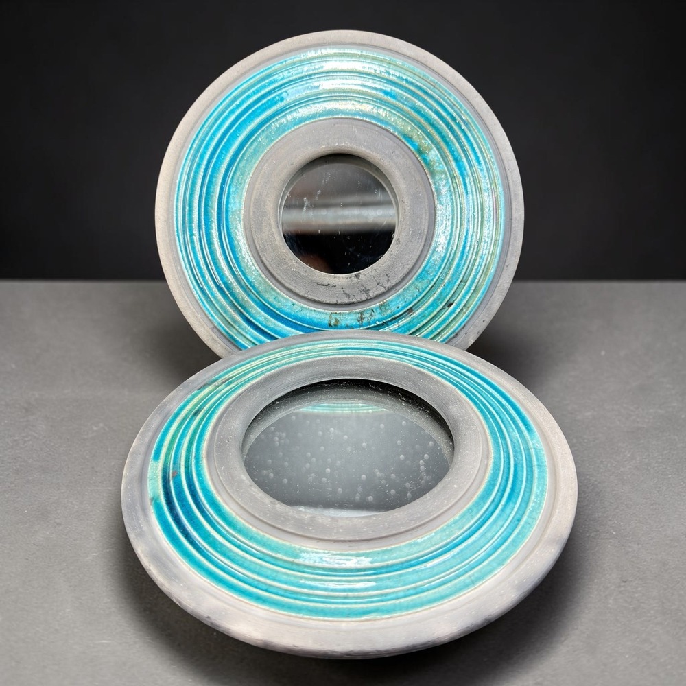 Barbagallo Handmade Raku Pottery Wall Mirror Turquoise Teal Ceramic Art 7x6.5